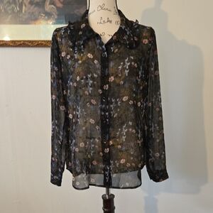 CAbi Floral Sheer Black Blouse